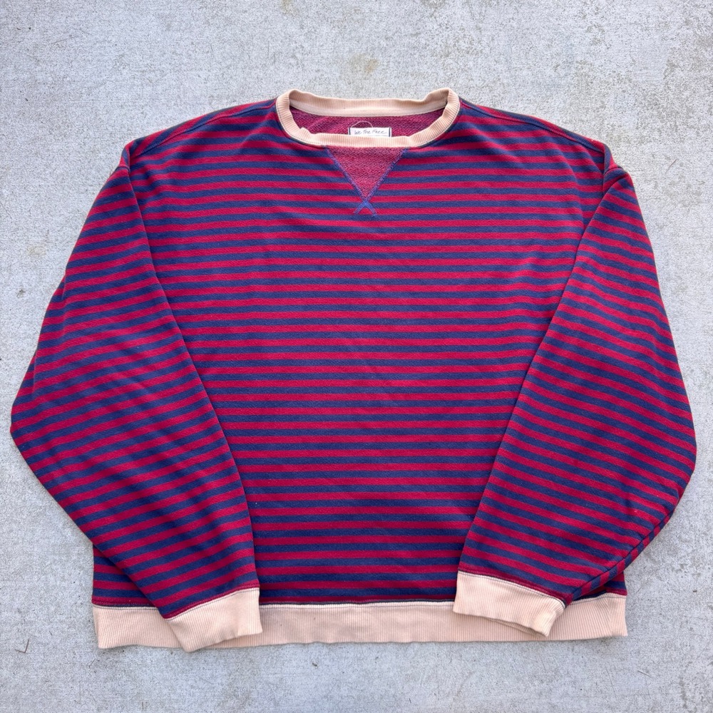 We The Free Mens Striped Crewneck Sweatshirt Red Navy Blue Oversized Large